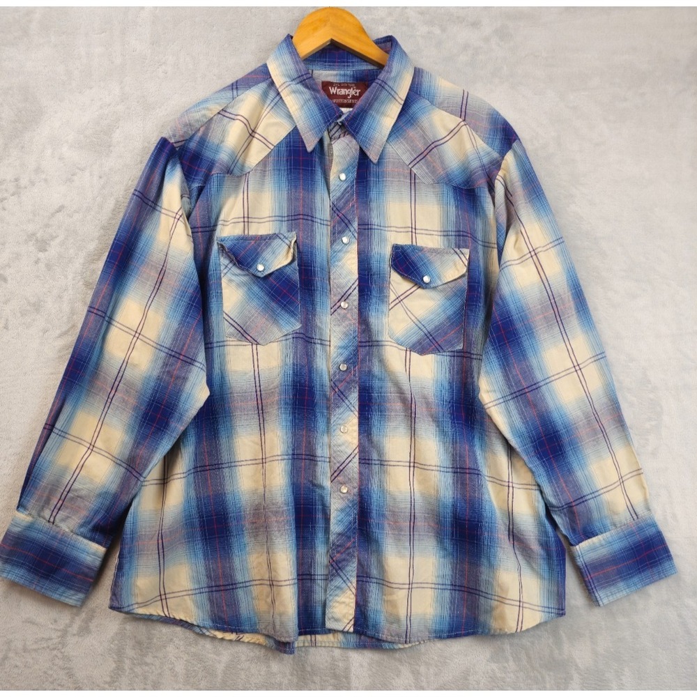 Vintage Wrangler Pearl Snap Western Shirt Mens 2XL Blue White Plaid Pockets